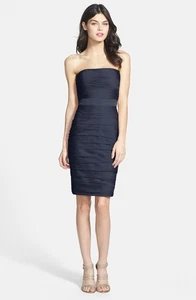 Vestido ML Monique Lhuillier Acanalado Sin Tirantes Gasa Catiónica Talla 2 Azul Marino - Imagen 1 de 2