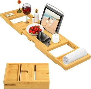 Bambusi Luxury Bamboo Bathtub Caddy Tray, Expandable Sides Bath Caddy Tray Wood
