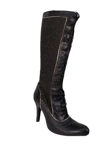 CHARLES DAVID Leather Zip / Lace Up Boot Knee High Stiletto Heel Brown Size 10B - Picture 1 of 12