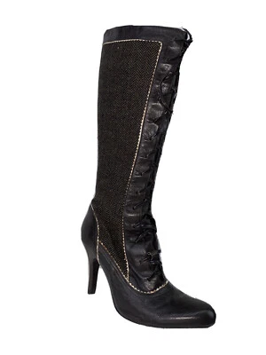 CHARLES DAVID Bota de Cuero con Cremallera/Cordones Tacón de Aguja Hasta la Rodilla Marrón Talla 10B Foto 1 de 4