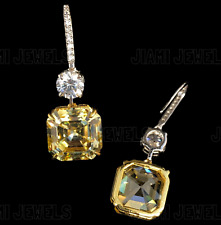 Asscher Canary Yellow Diamond Simulated Dangle Earrings 14k White Gold Silver Ct
