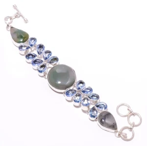 Natural Moss Agate & Blue Topaz Gemstone 925 Sterling Silver Bracelet 7-8" F2549 - Picture 1 of 1