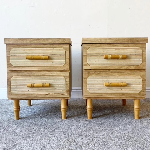 Boho Chic Woodgrain Laminate and Faux Bamboo Nightstands - a Pair Cover