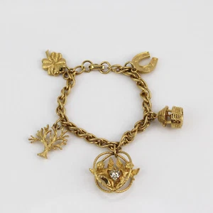Vtg Coro Good Luck April Birthstone Cherub Horseshoe Tree Clover Charm Bracelet - Picture 1 of 4