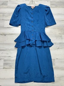 Vintage Dress Diamond's Run Wayne Size Small 7/8 Peacock Blue Peplum 1980s - Picture 1 of 6