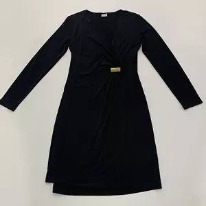 Ladies Size 8 Black POSTIE Long Sleeved Stretch Dress With Gold Bar - Aus Made - Picture 1 of 7