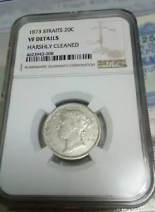 1873 Straits Settlements Victoria Silver Coin 20 cents Rare Keydate NGC grade - Picture 1 of 4