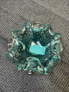 Vintage schwere 6" Murano Kunst Glas venezianisch geraffter Rand blau Schüssel Schale - Bild 1 von 8