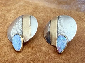 Beautiful SMJ 22K 14K Yellow Gold & 925 Sterling Fire Opel Pierced Post Earrings - Picture 1 of 23