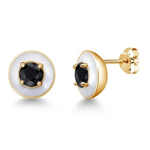18K Yellow Gold Plated Silver Black Sapphire White Enamel Stud Earrings For - Picture 1 of 3