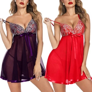 Plus Size Sexy Lingerie for Women Lace Babydoll Sleepwear Chemise Dress Set US - Picture 1 of 21