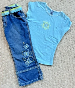 PUMPKIN PATCH KIDS BUTTERFLY DENIM CAPRIS & BLUE SHORT SLEEVE TOP SZ11 - Picture 1 of 4
