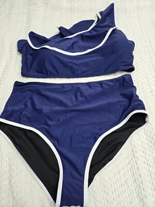 Womens Navy Blue Ruffled one shoulder top with High-Waisted Bikini Set 2XL - Picture 1 of 4