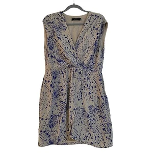 MARCS 100% Silk Dress Size 12 Beige Blue Wrap Dress Lined Sleeveless Womens - Foto 1 di 16