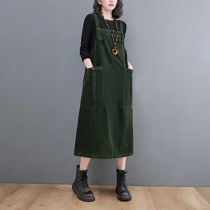 Women Midi Suspender Braces Overall Dress Loose Corduroy Casual Pockets Dress - Picture 1 of 15
