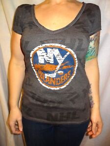 New York Islanders Burn Out Style V-Neck Semi-Sheer NHL T-shirt Size Juniors L 
