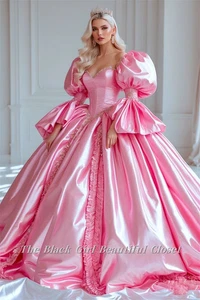 Precioso Vestido de Fiesta Victoriano Rosa Brillo Manga Burbuja Baile de graduación Cuello Corazón - Imagen 1 de 4