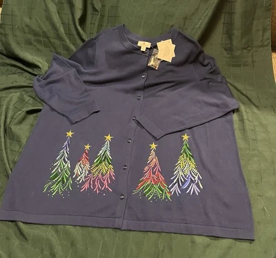 Quacker Factory Sweater Embroidered Sequin Christmas Trees - Blue - Size 3X NWT - Image 1 of 3