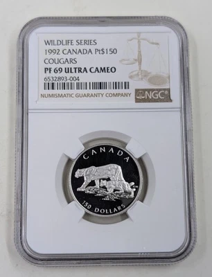 Wildlife Series 1992 Canada $150 Platinum 1/2 Oz Cougars PF69 Ultra Cameo NGC - Image 1 of 4