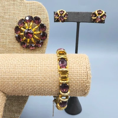 Арт-деко чешский подписанный аметист стекла позолоченный латунный браслет серьги брошь - Изображение 1 из 4