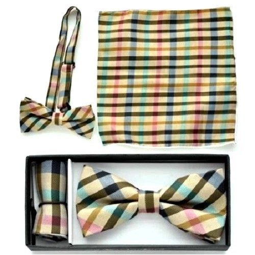 New Pre Tied Bow Tie Brown Tan Green Pink Hankie Handkerchief Plaid Checkers - Image 1 of 1
