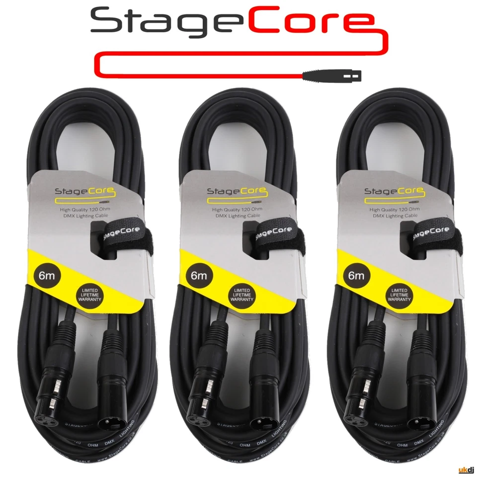 Pack of 3 6m Stagecore 3Pin XLR Male to Female Pro Quality 120Ω True DMX Cable