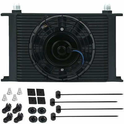 25 ROW ALUMINUM ENGINE TRANSMISSION OIL COOLER 6AN HOSE 6 INCH ELECTRIC FAN KIT - Image 1 of 4