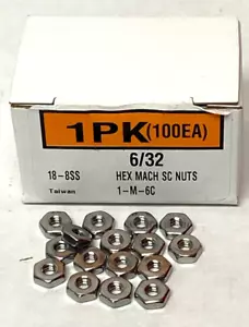 New 6/32" Hex Mach SC Nuts, 18-8 Stainless Steel (100ea) - Picture 1 of 3