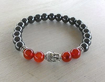 Bracciale in Pietre dure Ematite, Agata arancio e testa di Buddha color argento - Immagine 1 di 4