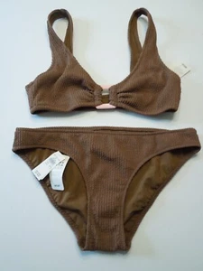 NEW AMERICAN EAGLE AERIE SM 2pc SWIMSUIT BROWN & PINK BIKINI BOTTOM SCOOP TOP - Picture 1 of 8