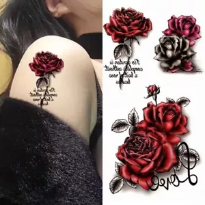 THREE Waterproof Temporary Tattoo Stickers Body Art Peony Roses Flowers Phrase - Picture 1 of 4