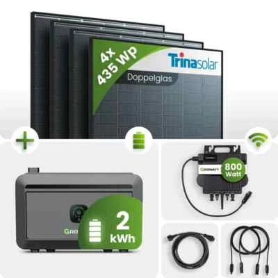 TRINA SOLAR Balkonkraftwerk 1740Wp 4x435Wp Trina Bifazial Black Frame 2 kWh Growatt Speicher