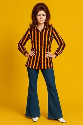 vintage 60s STRIPED LONG SLEEVE SHIRT polyester big collar go-go mod colorful M - Image 1 of 4