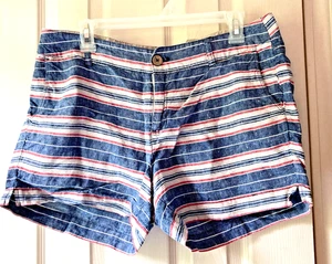 Britisch khaki Shorts Damen Gr. 10 blau rosa gestreift 100 % Leinen 9,5" Leibhöhe A3 - Bild 1 von 8