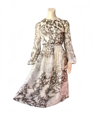 Vestido camisa floral chiffon seda cinza branca vintage década de 1940 anos 50 / tamanho 10 - Imagem 1 de 4