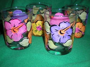 HAND PAINTED HIBISCUS 14 OUNCE HIBALLS/ROCKS/JUICE SET OF 4/MADE IN THE USA - Picture 1 of 1