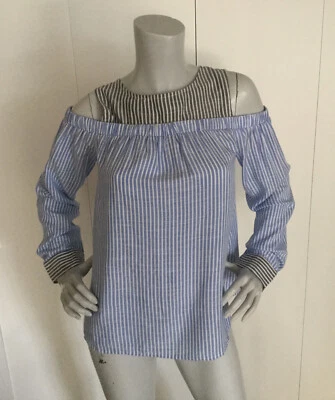 Honey Punch Blue /White/ Black Striped Cold Shoulder Blouse Size L - Image 1 of 4