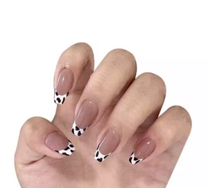 French Tip Cow White Press On Nails Fake Medium Nail False Glue Kit Set 24 - Picture 1 of 1