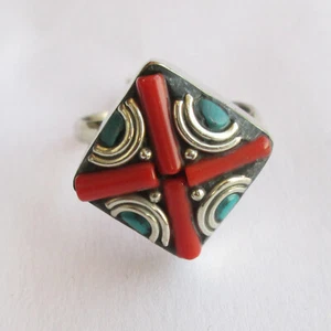 Anillo Tibetano Plata Turquesa Rojo Coral Joyería Original Ajustable Unisex R41 - Imagen 1 de 7