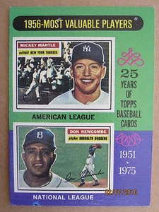 1975 TOPPS BASEBALL CARD #194 1956 - MOST VALUABLE PLAYERS MANTLE/DON NEWCOMBE - Picture 1 of 6