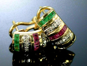 3Ct Simulated Sapphire Ruby Emerald Gold Finish 925 Silver Omega Clip Earrings - Picture 1 of 5