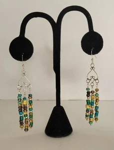 Dangle Earrings With Sterling Silver Bohemian Blues Yellows and Browns Handmade - Picture 1 of 4