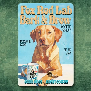 Fox Red Lab Coffee Bar Schild Bark & Brew Labrador Hund lustig Metalldose Wandbild - Bild 1 von 8