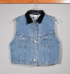 Gilet cropped vintage anni 90 Lee blu denim jeans nero colletto velluto taglia M - Foto 1 di 4