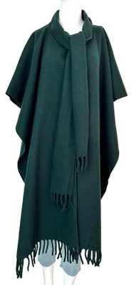 Wool Long Cape Poncho Women One Size Emerald Attached Scarf Button Fringe Hem - Image 1 of 4