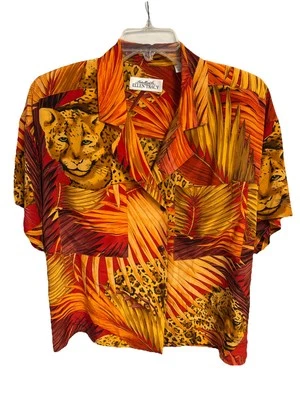Blusa Ellen Tracy M Camisa de Seda Naranja Allard Leopardo Funky Genial Foto 1 de 4