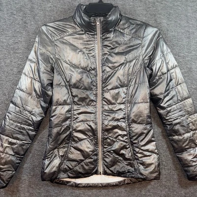 ATHLETA Metallic Down Puffer Jacket Silver Full Zip Stand Collar Womens Sz Small - Image 1 of 4