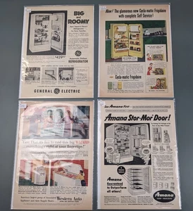 (4) 1954 Refrigerator Ads, General Electric, Frididaire, Amana, Western Auto - Picture 1 of 3
