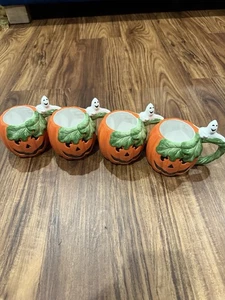 Fitz and Floyd Lot Of 4 Cups SmilingPumpkin Jack o Lantern Ghost Mug Halloween - Picture 1 of 8