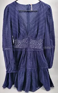 Mini Vestido Free People Boho Romántico Cuento de Hadas Azul Marino Encaje Talla 4 Manga Larga - Imagen 1 de 11